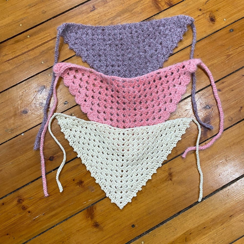 Crochet Triangle Scarves/head bandanna in Purple, Pink, and Cream